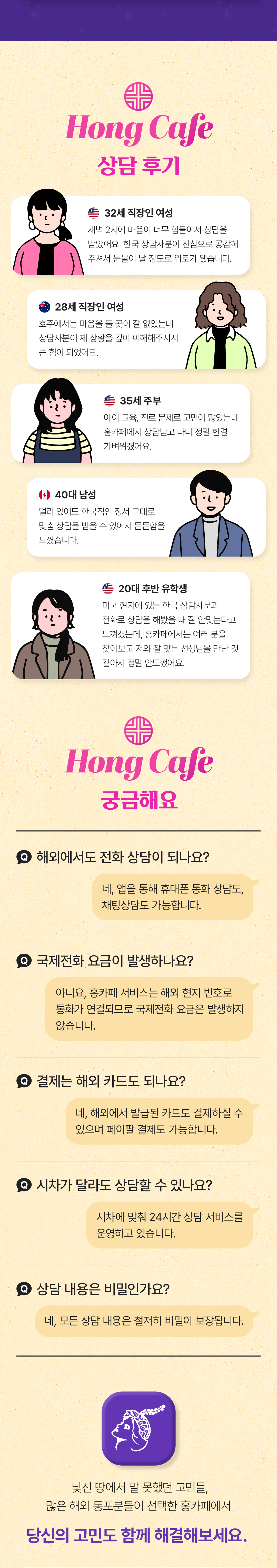 Hong Cafe 상담 후기
                    / 32세 직장인 여성
                    / 새벽 2시에 마음이 너무 힘들어서 상담을 받았어요.
                    / 한국 상담사분이 진심으로 공감해 주셔서 눈물이 날 정도로 위로가 됐습니다.
                    / 28세 직장인 여성
                    / 호주에서는 마음을 둘 곳이 잘 없었는데 상담사분이 제 상황을 같이 이해해주셔서 큰 힘이 되었어요.
                    / 35세 주부
                    / 아이 교육, 진로 문제로 고민이 많았는데 홍카페에서 상담받고 나니 정말 한결 가벼워졌어요.
                    / 40대 남성
                    / 멀리 있어도 한국적인 정서 그대로 맞춤 상담을 받을 수 있어서 든든함을 느꼈습니다.
                    / 20대 후반 유학생
                    / 미국 현지에 있는 한국 상담사분과 전화로 상담을 해봤을 때 잘 안맞는다고 느껴졌는데,
                    / 홍카페에서는 여러 분을 찾아보고 저와 잘 맞는 선생님을 만난 것 같아서 정말 안도했어요.
                    / Hong Cafe 궁금해요
                    / Q. 해외에서도 전화 상담이 되나요?
                    / 네, 앱을 통해 휴대폰 통화 상담도, 채팅상담도 가능합니다.
                    / Q. 국제전화 요금이 발생하나요?
                    / 아니요, 홍카페 서비스는 해외 현지 번호로 통화가 연결되므로 국제전화 요금은 발생하지 않습니다.
                    / Q. 결제는 해외 카드도 되나요?
                    / 네, 해외에서 발급된 카드도 결제하실 수 있으며 페이팔 결제도 가능합니다.
                    / Q. 시차가 달라도 상담할 수 있나요?
                    / 시차에 맞춰 24시간 상담 서비스를 운영하고 있습니다.
                    / Q. 상담 내용은 비밀인가요?
                    / 네, 모든 상담 내용은 철저히 비밀이 보장됩니다.
                    / 낯선 땅에서 말 못했던 고민들,
                    / 많은 해외 동포분들이 선택한 홍카페에서
                    / 당신의 고민도 함께 해결해보세요.