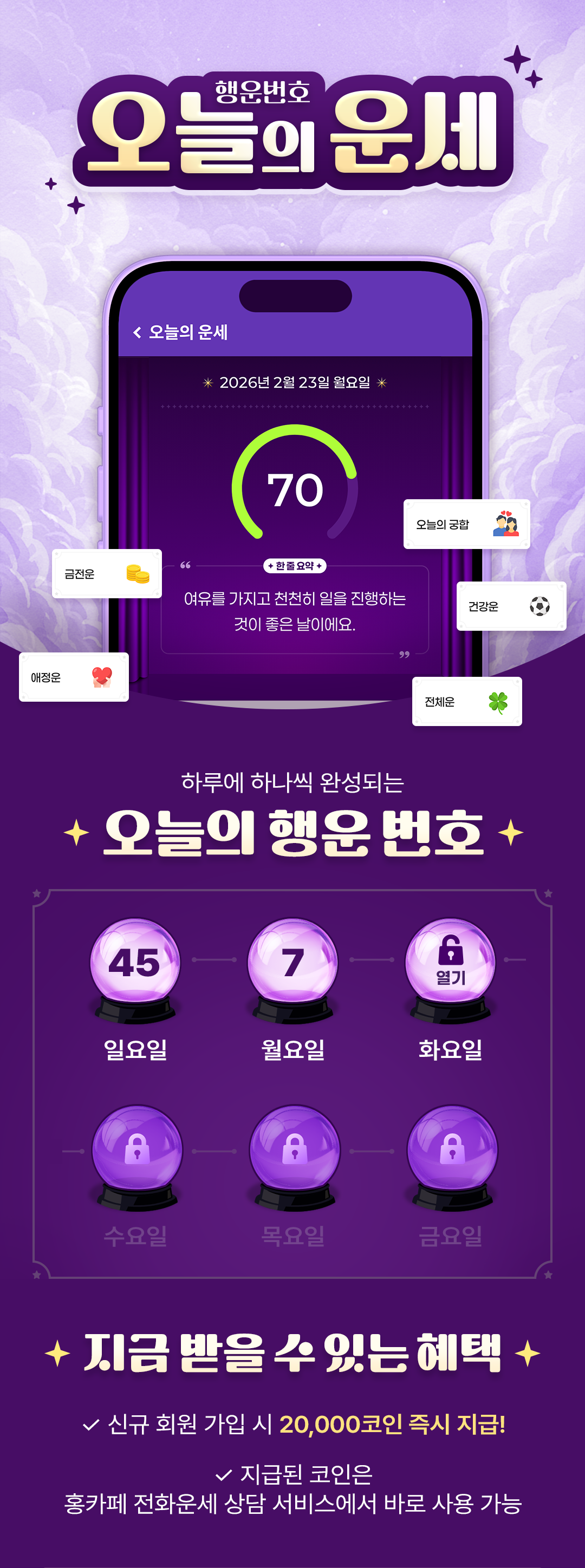 행운번호 오늘의 운세
                    / 하루에 하나씩 완성되는
                    / 오늘의 행운 번호
                    / 지금 받을 수 있는 혜택
                    / 신규 회원 가입 시 20,000코인 즉시 지급!
                    / 지급된 코인은 홍카페 전화운세 상담 서비스에서 바로 사용 가능