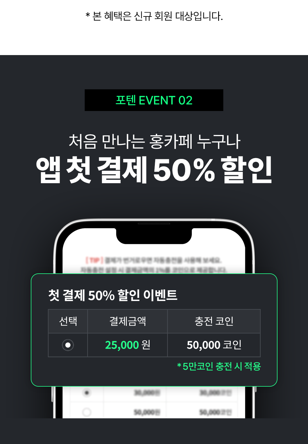 *본 혜택은 신규 회원 대상입니다
                                            / 포텐 EVENT2
                                            / 처음 만나는 홍카페 누구나
                                            / 앱 첫 결제 50% 할인
                                            / 첫 결제 50% 할인 이벤트
                                            / 결제금액 25,000원 충전코인 50,000코인
                                            / *5만코인 충전 시 적용
                                            