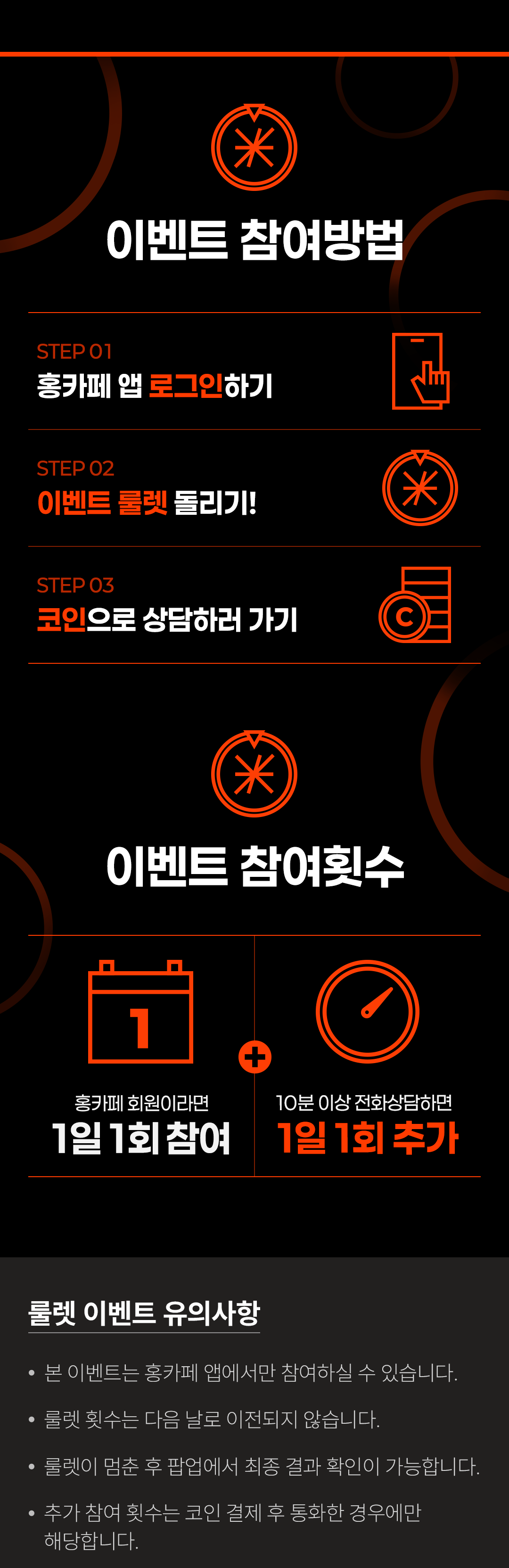 이벤트 참여 방법
            / STEP 01 홍카페 앱 로그인하기
            / STEP 02 이벤트 룰렛 돌리기!
            / STEP 03 코인으로 상담하러 가기
            / 이벤트 참여횟수
            / 홍카페 회원이라면 1일 1회 참여
            / + 10분 이상 전화상담하면 1일 1회 추가
            / 룰렛 이벤트 유의사항
            / · 본 이벤트는 홍카페 앱에서만 참여하실 수 있습니다.
            / · 룰렛 횟수는 다음날로 이전되지 않습니다.
            / · 룰렛이 멈춘 후 팝업에서 최종 결과 확인이 가능합니다.
            / · 추가 참여 횟수는 코인 결제 후 통화한 경우에만 해당합니다.
