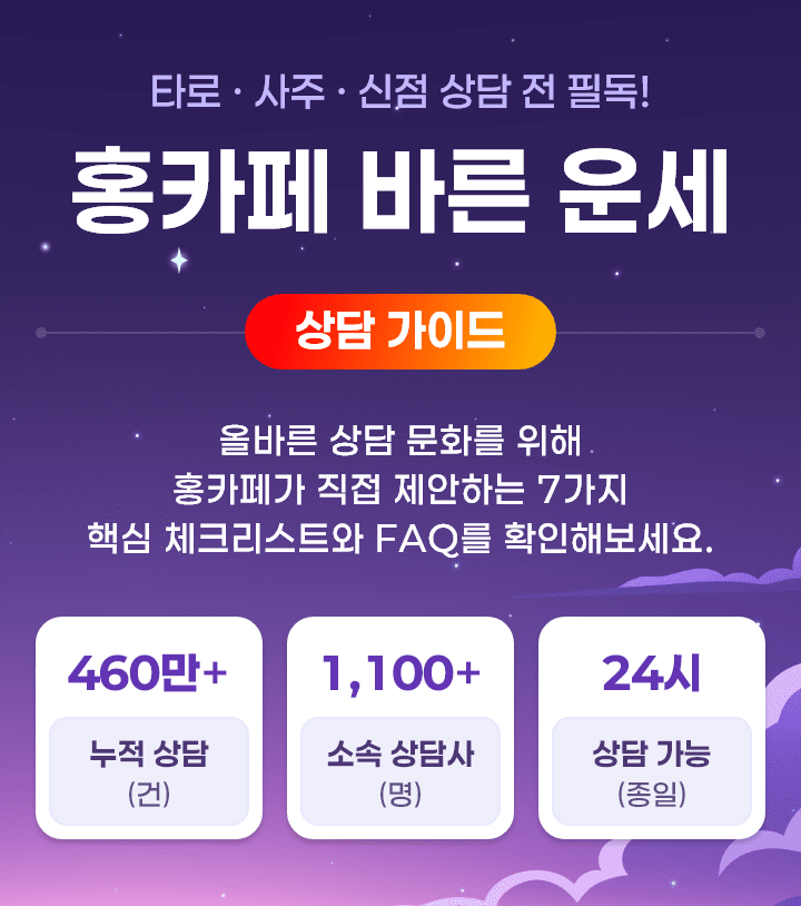 타로 · 사주 · 신점 상담 전 필독! 홍카페 바른 운세 상담 가이드 올바른 상담 문화를 위해 홍카페가 직접 제안하는
                7가지 핵심 체크리스트와 FAQ를 확인해보세요. 누적 상담 건수 460만+, 소속 상담사 1,100명+, 24시 상담 가능